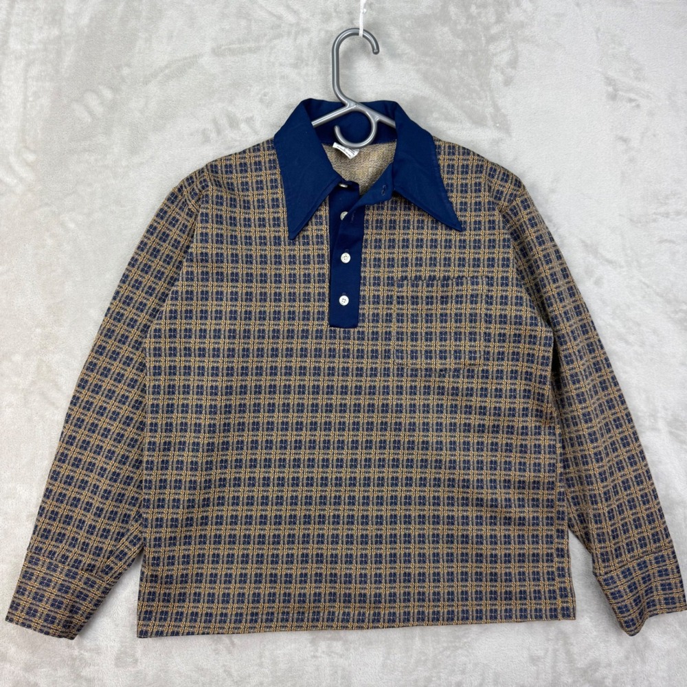 Vtg 70s Kmart Polyester Knit Polo Shirt Plaid Long Sleeve Men's Large (Medium)